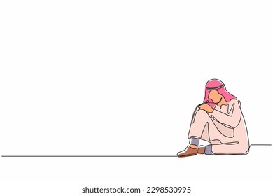 Continuous one line drawing very sad Arab businessman sitting alone on the floor. Depressed young man disorder, sad, sorrow, disappointment symptom. Single line draw design vector graphic illustration