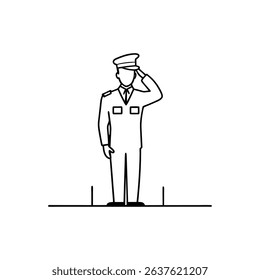 Continuous one line drawing of veteran saluting at memorial day in line art on a white background