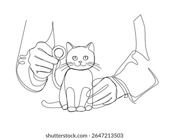Desenho contínuo de uma linha de um veterinário e um gato. Ilustração vetorial 