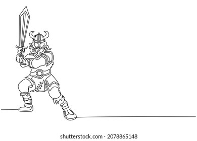 Continuous one line drawing viking warrior mascot swinging sword. Viking swing attack with sword. Viking barbarian with horned helmet swinging battle sword. Single line draw design vector illustration