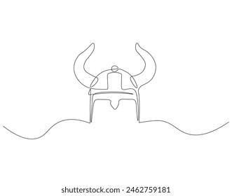 Continuous one line drawing of viking helmet. One line drawing illustration horned helmet in medieval. Ancient greek seaman concept continuous line art. Editable outline.