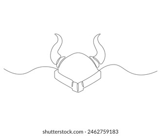 Continuous one line drawing of viking helmet. One line drawing illustration horned helmet in medieval. Ancient greek seaman concept continuous line art. Editable outline.