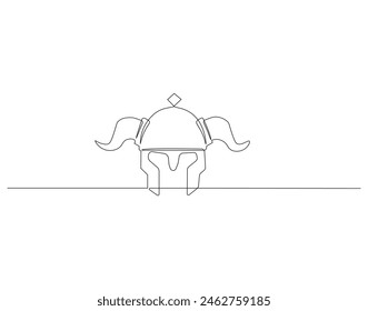 Continuous one line drawing of viking helmet. One line drawing illustration horned helmet in medieval. Ancient greek seaman concept continuous line art. Editable outline.