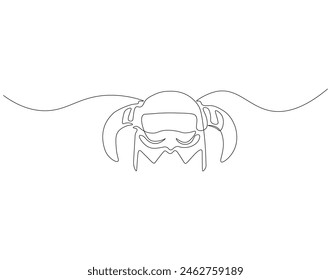 Continuous one line drawing of viking helmet. One line drawing illustration horned helmet in medieval. Ancient greek seaman concept continuous line art. Editable outline.