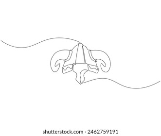 Continuous one line drawing of viking helmet. One line drawing illustration horned helmet in medieval. Ancient greek seaman concept continuous line art. Editable outline.