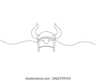 Continuous one line drawing of viking helmet. One line drawing illustration horned helmet in medieval. Ancient greek seaman concept continuous line art. Editable outline.