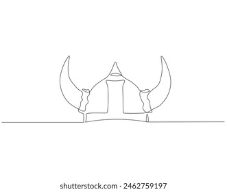 Continuous one line drawing of viking helmet. One line drawing illustration horned helmet in medieval. Ancient greek seaman concept continuous line art. Editable outline.