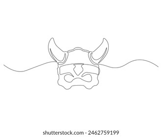 Continuous one line drawing of viking helmet. One line drawing illustration horned helmet in medieval. Ancient greek seaman concept continuous line art. Editable outline.