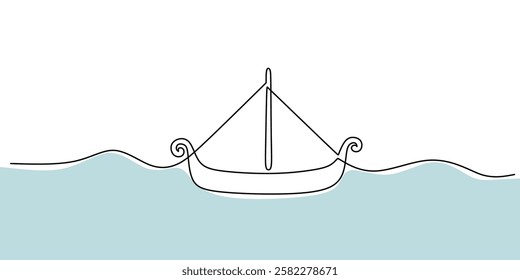 Continuous One line drawing of Viking Ship. Focusing on the shape of the ship and simple sails without excessive details. Vector illustration hand drawn.