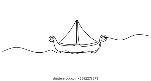 Continuous One line drawing of Viking Ship. Emphasizing the form of the ship and simple sails, avoiding over-detailing. Vector illustration hand drawn.