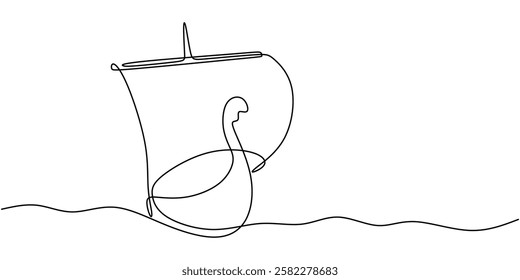 Continuous One line drawing of Viking Ship. Emphasizing the form of the ship and simple sails, avoiding over-detailing. Vector illustration hand drawn.