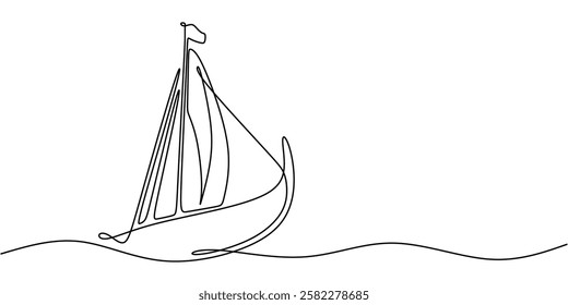 Continuous One line drawing of Viking Ship. Focusing on the shape of the ship and simple sails without excessive details. Vector illustration hand drawn.