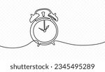 Continuous one line drawing of vintage alarm clock vector design. Single line art illustration on the theme of time, deadline, morning, time to work on transparent background