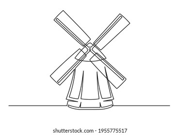 Continuous one line drawing of an vintage mill. Farm concept. Vintage mill isolated on a white background. Vector illustration
