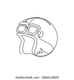 Continuous one line drawing vintage motorcycle classic helmet with goggles icon. Transportation industry. Retro aviator helmet isolated on white. Single line draw design vector graphic illustration