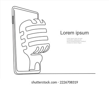 Continuous one line drawing of Vintage mike on screen smart phone for banner music, webinar, online training.
