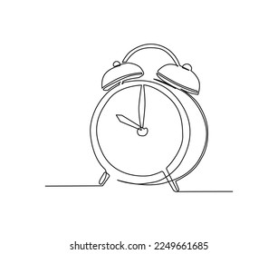 Continuous one line drawing of vintage alarm clock. 10 o'clock on vintage watch hand drawn vector illustration. 