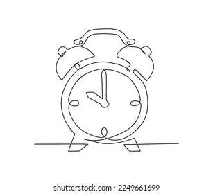 Continuous one line drawing of vintage alarm clock. 10 o'clock on vintage watch hand drawn vector illustration. 