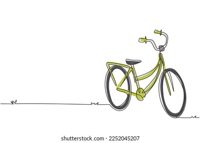Continuous one line drawing vintage retro urban city bicycle, ecological sport transport. Relaxing bike for community. Healthy lifestyle by cycling. Single line draw design vector graphic illustration