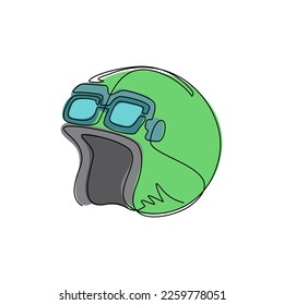 Continuous one line drawing vintage motorcycle classic helmet with goggles icon. Transportation industry. Retro aviator helmet isolated on white. Single line draw design vector graphic illustration