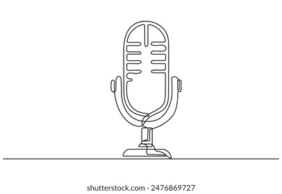 Continuous one line drawing of vintage microphone. microphone. Podcast microphone outline vector illustration. Editable stroke, Single one line drawing podcast concept. Continuous line draw design