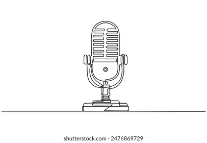 Continuous one line drawing of vintage microphone. microphone. Podcast microphone outline vector illustration. Editable stroke, Single one line drawing podcast concept. Continuous line draw design