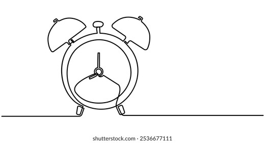 Continuous one line drawing of vintage alarm clock. Single line art illustration on the theme of time, deadline, morning, time to work on transparent background, Clock with arrow. One thin line