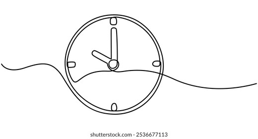 Continuous one line drawing of vintage alarm clock. Single line art illustration on the theme of time, deadline, morning, time to work on transparent background, Clock with arrow. One thin line