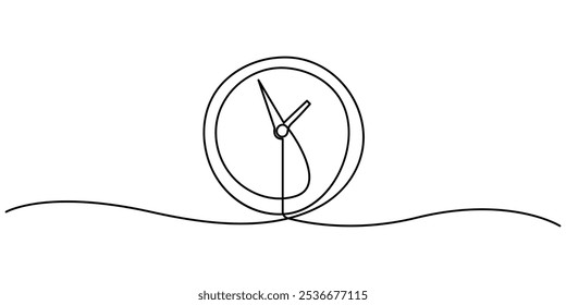Continuous one line drawing of vintage alarm clock. Single line art illustration on the theme of time, deadline, morning, time to work on transparent background, Clock with arrow. One thin line