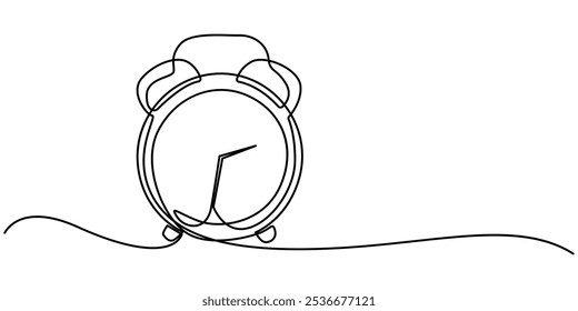 Continuous one line drawing of vintage alarm clock. Single line art illustration on the theme of time, deadline, morning, time to work on transparent background, Clock with arrow. One thin line
