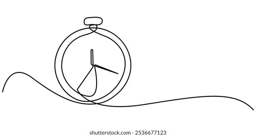 Continuous one line drawing of vintage alarm clock. Single line art illustration on the theme of time, deadline, morning, time to work on transparent background, Clock with arrow. One thin line
