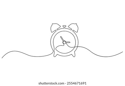 Continuous one line drawing of vintage alarm clock vector design, Clock drawn symbol. One line art continuous icon, Clock with arrow Continuous one line drawing. One thin line continuous drawing.