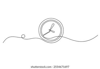 Continuous one line drawing of vintage alarm clock vector design, Clock drawn symbol. One line art continuous icon, Clock with arrow Continuous one line drawing. One thin line continuous drawing.