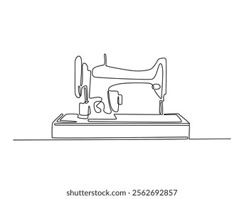 Continuous one line drawing of vintage sewing machine. Old mechanic sewing machine single line illustration. Editable vector. 