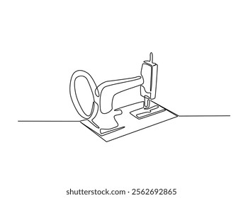 Continuous one line drawing of vintage sewing machine. Old mechanic sewing machine single line illustration. Editable vector. 