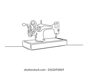 Continuous one line drawing of vintage sewing machine. Old mechanic sewing machine single line illustration. Editable vector. 