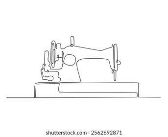 Continuous one line drawing of vintage sewing machine. Old mechanic sewing machine single line illustration. Editable vector. 