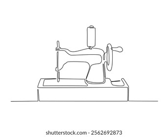 Continuous one line drawing of vintage sewing machine. Old mechanic sewing machine single line illustration. Editable vector. 