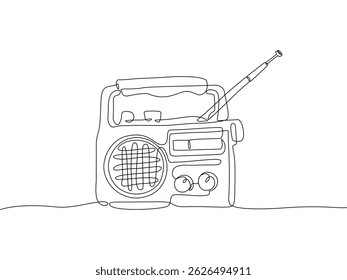 Continuous one line drawing of a vintage radio with dials and antenna. Clean and minimalist style, suitable for retro designs and nostalgic artwork. Vector illustration, Editable stroke