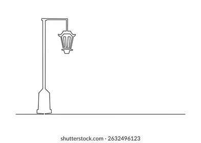 Continuous one line drawing of Vintage Garden Lamp. Single line drawing illustration of Street Lamp. Elegant street element and urban road concept vector art. Doodle line illustration.