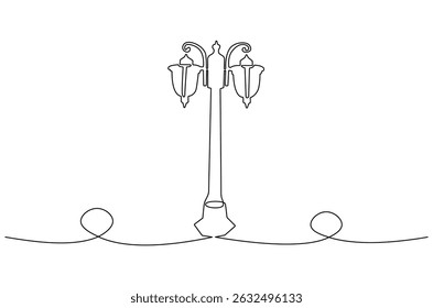 Continuous one line drawing of Vintage Garden Lamp. Single line drawing illustration of Street Lamp. Elegant street element and urban road concept vector art. Doodle line illustration.