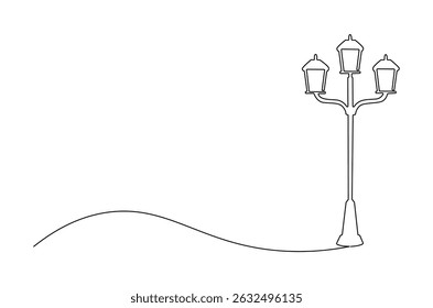 Continuous one line drawing of Vintage Garden Lamp. Single line drawing illustration of Street Lamp. Elegant street element and urban road concept vector art. Doodle line illustration.