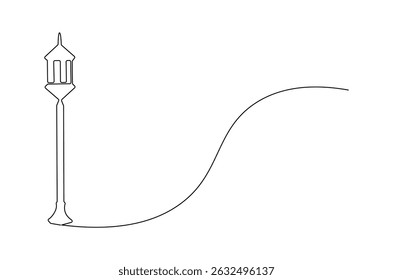 Continuous one line drawing of Vintage Garden Lamp. Single line drawing illustration of Street Lamp. Elegant street element and urban road concept vector art. Doodle line illustration.