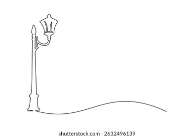 Continuous one line drawing of Vintage Garden Lamp. Single line drawing illustration of Street Lamp. Elegant street element and urban road concept vector art. Doodle line illustration.