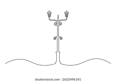 Continuous one line drawing of Vintage Garden Lamp. Single line drawing illustration of Street Lamp. Elegant street element and urban road concept vector art. Doodle line illustration.