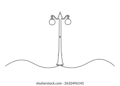 Continuous one line drawing of Vintage Garden Lamp. Single line drawing illustration of Street Lamp. Elegant street element and urban road concept vector art. Doodle line illustration.
