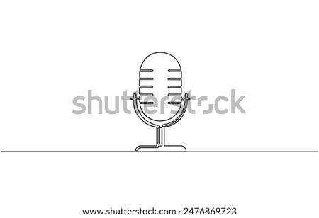 Continuous one line drawing of vintage microphone. microphone. Podcast microphone outline vector illustration. Editable stroke, Single one line drawing podcast concept. Continuous line draw design