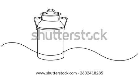 Continuous one line drawing of an vintage milk can, Continuous one line drawing of an vintage milk can, Picture of milk barrel illustration related to livestock Is a black and white picture, minimal.