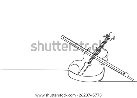 Continuous one line drawing violin with its bow. Musical instruments of various genres. Singing soothing classical music. Harmony. Sound. World Fiddle Day. Single line draw design vector illustration