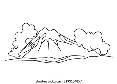 Continuous one line drawing of volcano emitting lava and smoke or clouds. Vector illustration of volcano and clouds. Vector wallpaper design for mountain icon, adventure logo, 
disaster alert symbol.